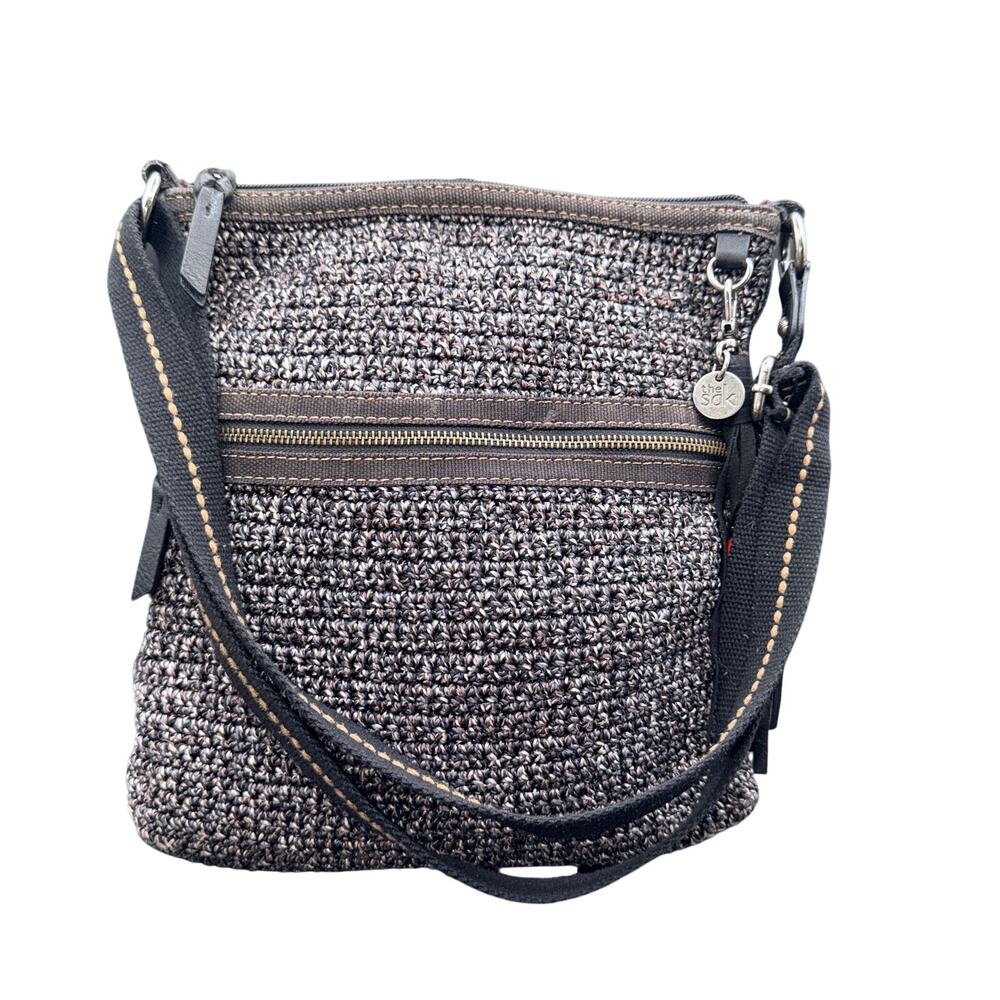 The Sak Crochet Knit Crossbody Bag Boho Tassel Beaded Purse Brown Gray